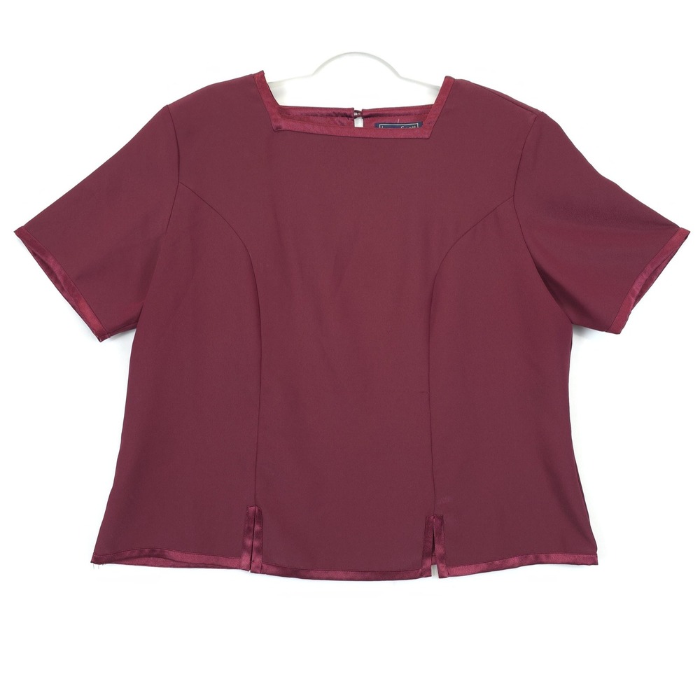 Laura Scott Blouse Women 18W Burgundy Short Sleeve Satin Trim Top‎ Office Church